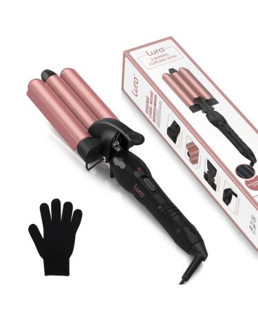 3 Barrel Curling Iron for Beach Waves Dual Voltage 1 Inch Ceramic Tourmaline Triple Barrel Iron Temperature Adjustable Crimping Iron with Quick Heat Up Rose Gold