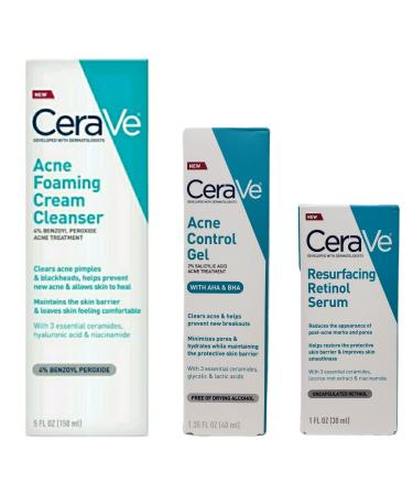 CeraVe Acne Treatment Bundle - Contains CeraVe Resurfacing Retinol Serum (1 fl oz)  CeraVe Acne Foaming Cream Cleanser (5 fl oz)  and CeraVe Acne Control Gel (1.35 fl oz) - With 3 Essential Ceramides