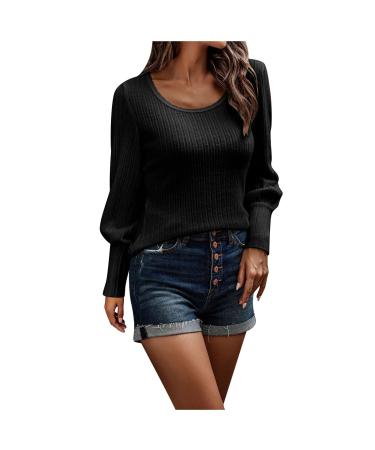 Women's Basic Long Sleeve T Shirts, Crewneck Slim Fit Tops Knit Ribbed Plain Layer Underscrub Tees A Black Small