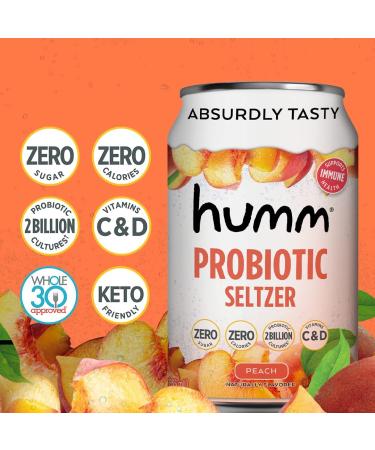 Humm Sparkling Probiotic Peach Seltzer - Zero Sugar & Calorie, 2 Billion Probiotics, Vitamin C, D & B12 - 12 fl oz (12 Pack) - Buy Online on SooperMarket.com