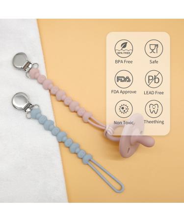 PAPACHOO Pacifier Clip 2 Pack - BPA Free Silicone Beads - Teething Relief for Baby Boys and Girls - Soothie Binky Clips in Dusty Blue and Light Pink - Buy Online on SooperMarket.com