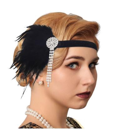 Handcess 1920s Feather Flapper Headband Black Crystals Feather Headband Women's Vintage Flapper Headpiece 20's Theme Cocktail Hair Accessories for Costume Prom Carnival Theme Party