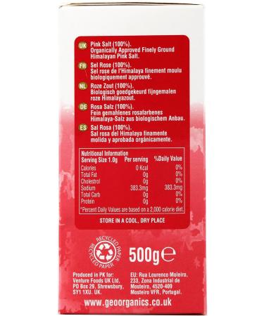 Geo Organics Himalayan Pure Pink Salt Crystals - 100% Natural Salt & Unrefined - Harvested Using Sustainable & Eco Friendly Practices - Contains 84 Minerals (500 Grams (Pack6) Fine Pink Salt) Finely Ground (Pack of 6) - Buy Online on SooperMarket.com