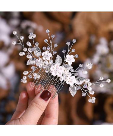 Aukmla Silver Pearl Flower Bride Wedding Hair Comb - Bridal Leaf Headpiece for Women & Girls - Buy Online on SooperMarket.com
