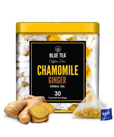 BLUE TEA - Chamomile Ginger Herbal Tea - 30 Tea Bags | CAFFEINE FREE | Gluten Free - Non-GMO | Eco-Conscious Tin Packaging