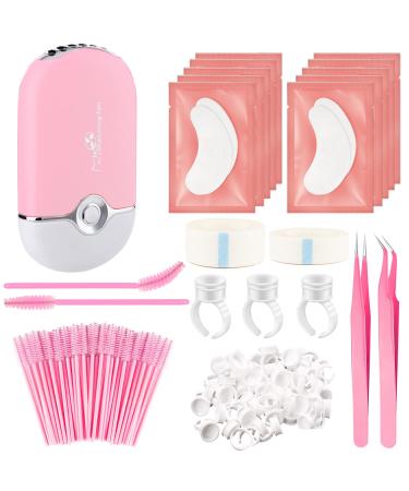 Eyelash Extension kit Lash Extension Supplies,1 Eyelash Fan Dryer,2 Eyelash Extension Tweezers,50 Glue rings,10 Pairs Eyelash Pads,100 Disposable Eyelash Brush,2 Lash Tape for Eyelash Extensions Pink