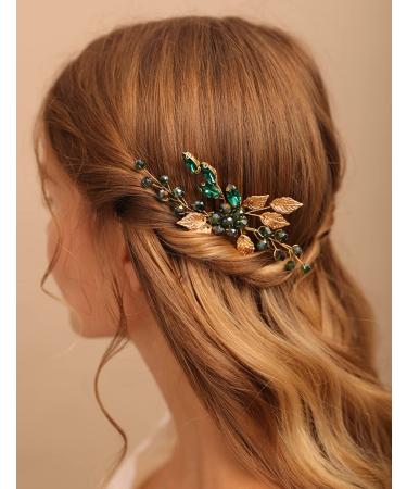 Deniferymakeup Women Gold Leaf Headpiece Emerald Green Crystal Hair Vine Comb Wedding Hair Accessory Rhinestone Hair Piece Gift for Her Party Headress Bridesmaid Girls
