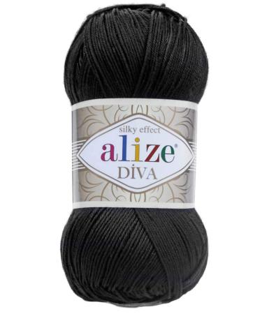 Alize Diva Silk Effect 100% Microfiber Acrylic Yarn 1 Ball skeins 100gr 383yds Color (60 - Black)