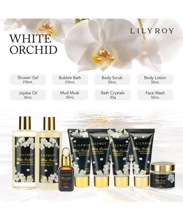 White Orchid Spa Gift Basket for Women - 18Pcs Birthday Gift Set with Diffuser, Shower Steamer, Himalayan Rocks, Jojoba Oil, Scented Candle & Golden Basket - Ideal Gifts for Her - Buy Online on SooperMarket.com