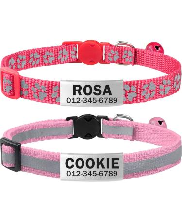 Tagme 2 Pack Cat neck band with name and telephone number cat collar with safety clasp and bell 18-31 cm for cats pink standard size 18-31cm pink