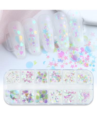 Nail Art Glitter Sequins  3D Clear Iridescent Ultra-Thin Nail Art Glitter Flakes Designs  Mermaid Love Heart Butterfly Star Moon Round Shapes Nail Glitter Slices for Women Manicure Charms Decorations