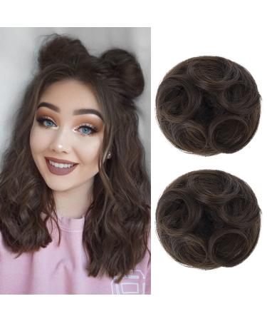 REECHO 2 PCS Mini Claw Clip in Messy & Cat Ears Hair Bun Extensions Wig Accessory Updo Hairpieces for Women Girls (Pack of 2-3.5" Wavy Deep Brown) Pack of 2 - 3.5" Wavy Deep Brown