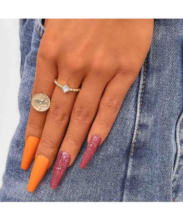 Sethexy Long Shiny Orange Ballerina Press-On Nails | 20pc Acrylic Coffin Nail Tips for Women & Girls | Bling Glitter False Fingernails - Buy Online on SooperMarket.com
