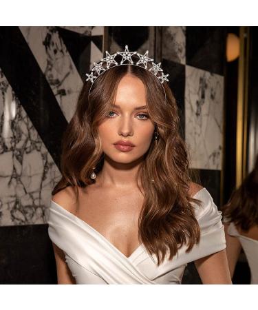 Formery Star Rhinestones Crown Headband Crystals Greek Goddess Hair Bands Party Festival Prom Headpiece Hair Accessories for Women and Girls (Silver)