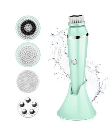4 in 1 Facial Cleansing Brush - Electric Face Spin Brush with 4 Replacement Heads for Cleaning Exfoliating Massaging (Green)