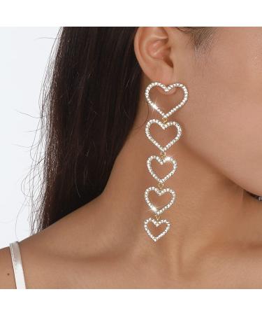 Jumwrit Long Rhinestone Heart Earrings Interlocking Heart Drop Dangle Earrings Hypoallergenic Stud Earrings for Women Girls(Gold)