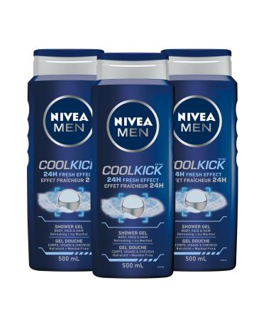 NIVEA MEN Cool Kick Body Wash | 3-in-1 Men Shower Gel (Body Face & Hair) 3x500mL Cool Kick 1 count (Pack of 3)