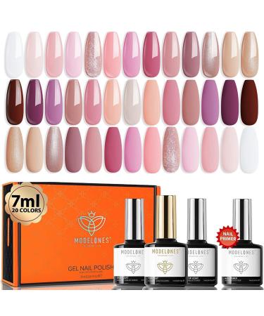 Modelones 24 Pcs Gel Nail Polish Set Pink Gel Polish Set Nude Glitter Gel Nail Polish Set with Bond Primer Glossy & Matte Top Base Coat Nail Art Manicure DIY Saon Home Gifts Brown Pink White