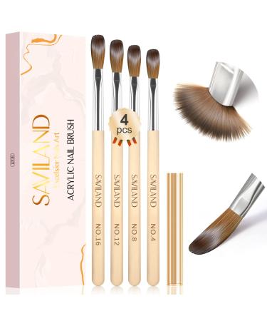 Saviland 4PCS Kolinksy Acrylic Nail Brush Set - Size 4/8/12/16 Acrylic Nail Brushes for Acrylic Application, Professional Acrylic Powder Brush for Acrylic Nails Extension & 3D Nail Carving DIY A1-4PCS Acrylic Nail Brush Set