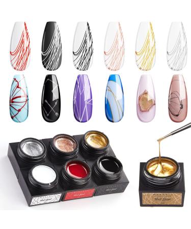 Makartt Spider Gel for Nail Art 6 Colors Elastic Nail Art Paint Drawing Spider Gel for Line White Black Red Rose Gold Silver Summer Color Liner Gel Polish Set for Home Salone Nail Tech DIY Nail Art 6 PCS