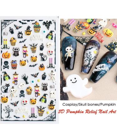 Halloween Nail Art Stickers Xcreando 5D Embossed Nail Decals Design with Skull Bones Ghost Witch Pumpkin Bat Lips Self-Adhesive Thick DIY 3D Nail Art Supplies for Halloween Days Party Cosplay Decorations 5 Sheets - Buy Online on SooperMarket.com