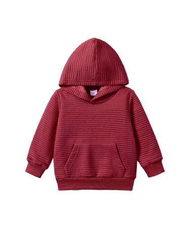 PATPAT Toddler Hoodie Boy Girl Hooded Sweatshirt Solid Color Textured with Pocket Pullover Hoodies for Toddler 2-3 Years Burgundy