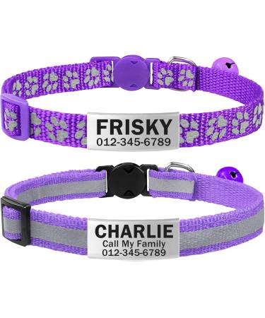 Tagme 2 Pack Katzenhals band with name and telephone number cat neck band with safety clasp and bell 18-31 cm for cats purple standard size 18-31cm purple