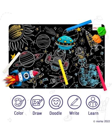Merka Kids Coloring Placemats Set - 4 Reusable Mats with Chalks, Space & Alphabet Design - Buy Online on SooperMarket.com