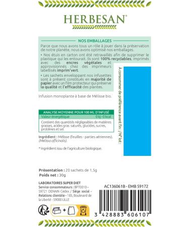 Herbesan Lemon Balm Herbal Tea Organic 20 Sachets - Buy Online on SooperMarket.com