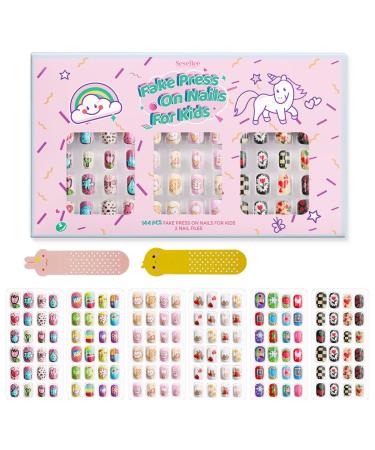 144Pcs Kids Press on Nails Children Girls Press on Short Artificial Fake Nails No fading Stable Quick Stick on Cute Pre Glue Full Cover Acrylic Nail Tip Kit Gift for Kids Nail Decoration (Ice Cream)