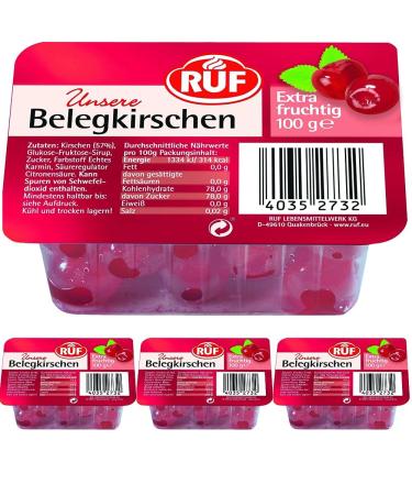 Ruf Red Red Cherries extra fruity & non-alcoholic cocktail cherries stone Maraschino cherries for cakes fruit salad & cocktails 1 x 100g (pack with 4) 4 pack of 1x100g