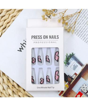 24Pcs Pink Butterfly Press on Nails - Exquisite Design Full Cover Acrylic Nails for Women - Spring Nail Art Decorations - Buy Online on SooperMarket.com