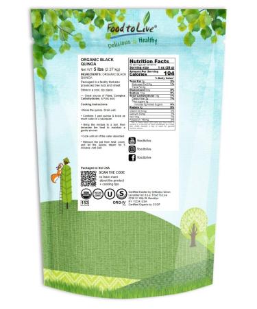 Organic Black Quinoa 5 Pounds - Non-GMO, Whole Grain, Sproutable, Kosher, Vegan - Sirtfood Bulk. Easy to Cook. Healthy Fats, Protein & Fiber. Ideal for Salads, Soups, Stews - 5 LB - Buy Online on SooperMarket.com