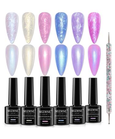 MIZHSE Pearl Gel Nail Polish. 6 Colors Shimmer Nail Polish Gel Pearlescent Shell Glitter White Pink Blue Nail Gel Polish Soak Off UV Lamp Gel BKJGLW208