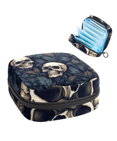 Skulls and Leaves Sanitary Napkin Storage Bag Feminine Menstrual Cup Pouches Nursing Pad Holder Tampon Bags Portable Period Bag for Women Teen Girls 1Pcs Multi-colored 8