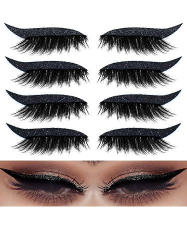 4 Pairs Eyeliner Stickers with Eyelashes  Self-adhesive Glitter False Eyelashes Reusable Waterproof Eye Liners Strip Eye Makeup Stickers (Black)
