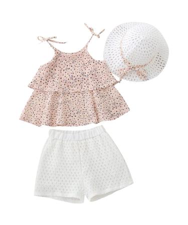 4 Yr Old Girl Clothes Summer Girls' Suit with Hat Korean Version of Floral Chiffon Shirt Camisole and (Pink, 5-6 Years) Pink 5-6 Years
