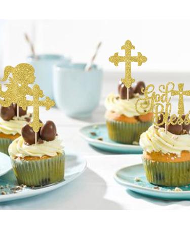 Rsstarxi 24 Pack God Bless and Cross Cupcake Toppers Glitter Angel Christening Babyshower Girl Baptism Cupcake Picks Decorations for First Communion Baptism Party Cake Decorations Gold - Buy Online on SooperMarket.com