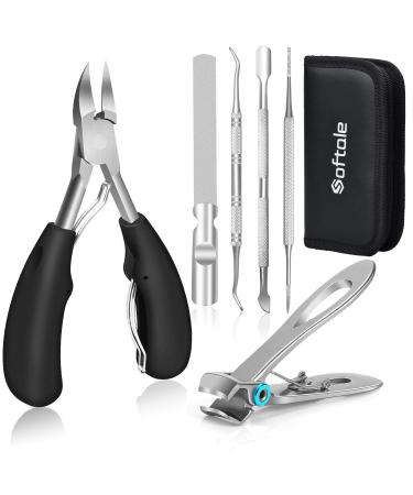 Softal professional footnail pliers set super sharp nail tongs for thick & ingrown hard toenails.Stainless steel pedicure knips nail clippers.Nail file and soft handle nail scissors set bag 6-part set black+silver