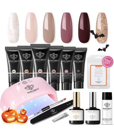 Modelones Poly Nail Gel Kit with 20W Nail Lamp, 6 Colors Poly Nail Extension Gel All-in-one Kit Glitter Pink Red Builder Nail Gel Nail Strengthen Base Top Coat Set Nail Forms for Nail Art Starter DIY at Home P1-Glitzy Rose