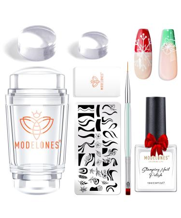 Modelones Nail Art Stamper Kit 7Pcs-1 Double Nail Stamp Nail Stamp Schaber French Nails Stencil double-ended brushes 10ml Stampinglack Gel 2 clear silicone nail tip French Diy Manicure Nail stamp kit with Stamping Platte 7PC