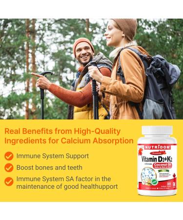 Nutridom Vitamin D3 + K2 1000IU/120MCG | MK-7 K2 with Cholecalciferol D3 in Coconut Oil | Helps Support Bones Teeth and Immune Function | Non-GMO Gluten-free and Dairy-free (300 Count) 300 count (Pack of 1) - Buy Online on SooperMarket.com