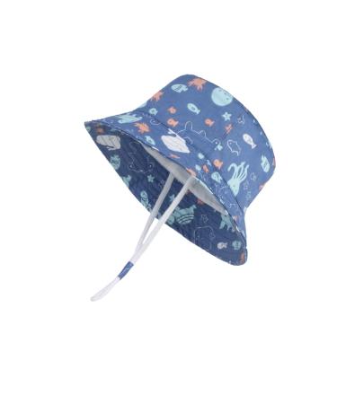 LANGZHEN Beach Sun Protection Hat for Baby Girls Adjustable Toddler Kids Hat Wide Brim Summer Play Hat with Chin Strap Whales- Navy 6-12 Months