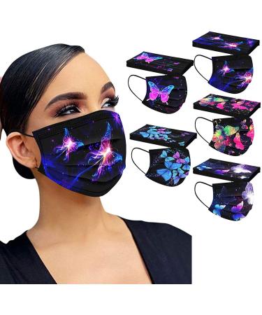 50Pc Disposable Black Face Masks with Colorful Butterfly Prints for Adults - 3-Ply Breathable Filter Protection in Multicolor - Buy Online on SooperMarket.com