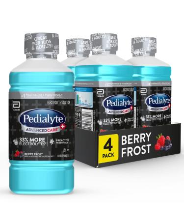Pedialyte Advancedcare Plus Electrolyte Drink 1 Liter 4 Count with 33% More electrolytes & Has Preactiv Prebiotics Berry Frost