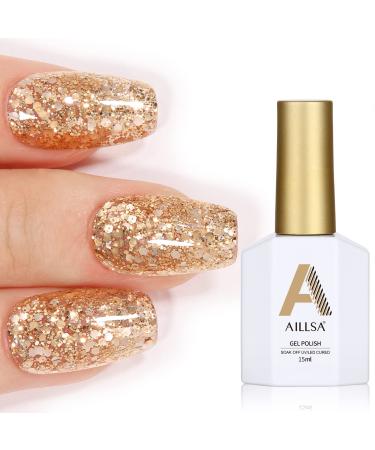 AILLSA Gold Gel Nail Polish 15 ML Christmas Gel Polish Champagne Glitter Gold Color Soak Off UV/LED Lamp Gel Nail Varnish for Gift Wedding Nail Art Salon DIY at Home