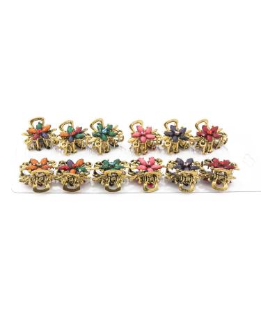 Yeshan Vintage Flower Design Mini Jaw Clips Set - Pack of 12 with Rhinestone and Crystal Detailing - Buy Online on SooperMarket.com