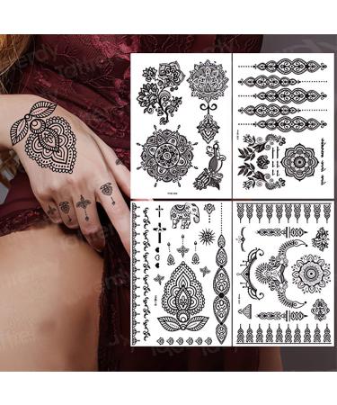 Black Henna Temporary Tattoos Set - Sexy Lace, Indian Mandala, Elephant, Flower Chain Designs - Waterproof Body, Arm, Face Decals for Wedding Party - 6 Sheets - Buy Online on SooperMarket.com