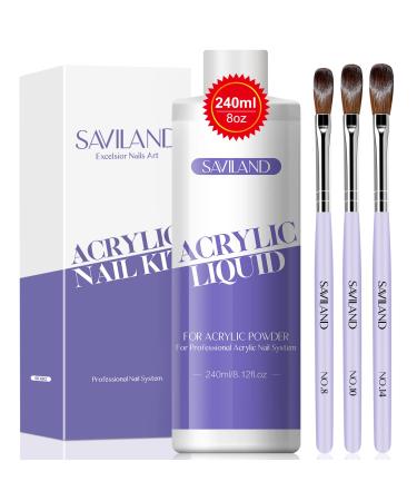 Saviland Monomer Acrylic Nail Liquid   8.11fl.oz Acrylic Liquid with 3PCS Acrylic Brushes Size(8/10/14)for Acrylic Powders  True-EMA  Non-Yellowing Acrylic Nail Liquid for DIY Home Nail Salon Use