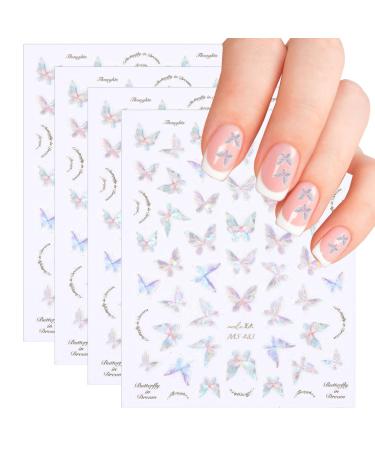 Gjinxi Butterfly Nail Art Stickers 5D Shell Butterfly Butterfly Lace Nail Art Stickers Decals 4 Sheets Vintage Holographic Nail Decals Self-Adhesive Nail Accessories for Women and Girls